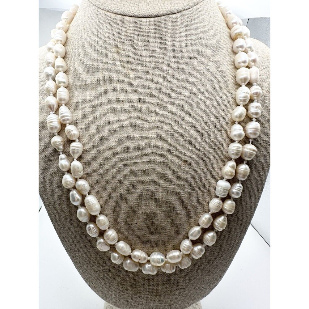 Natural White Freshwater Cultured Pearl Ringed Necklace Long 44”